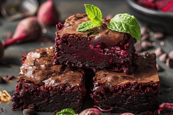 gâteau au chocolat noir, betterave et noix