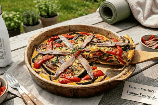 Une frittata colorée aux légumes confits (poivrons rouges, oignons, aubergines) et filets d'anchois, présentée dans un plat en terre cuite sur une table en bois en extérieur. À côté du plat se trouvent une gourde blanche logotypée Kineo, un tapis de yoga roulé et un petit carton indiquant "Kineo - Mai 2026 : Frittata Escalivada