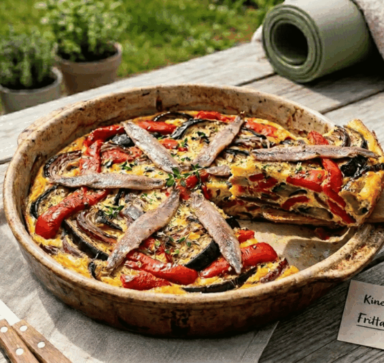 Une frittata colorée aux légumes confits (poivrons rouges, oignons, aubergines) et filets d'anchois, présentée dans un plat en terre cuite sur une table en bois en extérieur. À côté du plat se trouvent une gourde blanche logotypée Kineo, un tapis de yoga roulé et un petit carton indiquant "Kineo - Mai 2026 : Frittata Escalivada