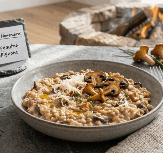 Un bol de risotto d'épeautre crémeux aux champignons, parsemé de parmesan râpé et d'herbes, posé sur une surface en ardoise. En arrière-plan, on aperçoit des champignons frais, de la ciboulette et une étiquette avec l'inscription « Risotto d'épeautre aux champignons ». Un feu de camp brûle en arrière-plan.