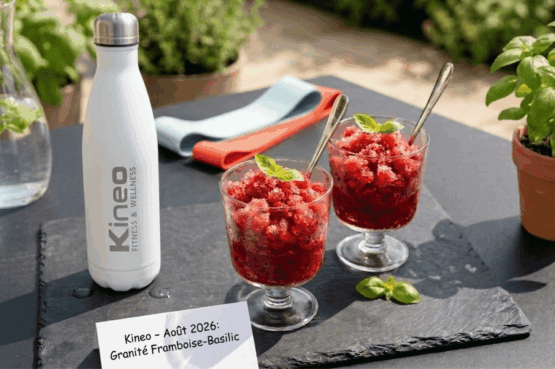 Deux verrines transparentes remplies d'un granité maison rouge vif aux framboises fraîches et éclats de basilic, posées sur une table en bois en été, illustrant un dessert glacé sain et léger.