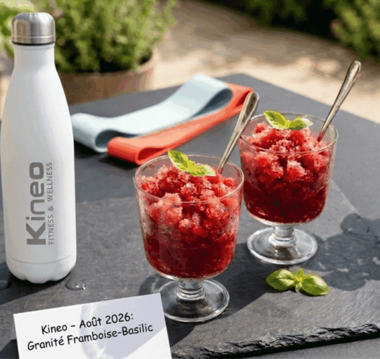 Deux verrines transparentes remplies d'un granité maison rouge vif aux framboises fraîches et éclats de basilic, posées sur une table en bois en été, illustrant un dessert glacé sain et léger.