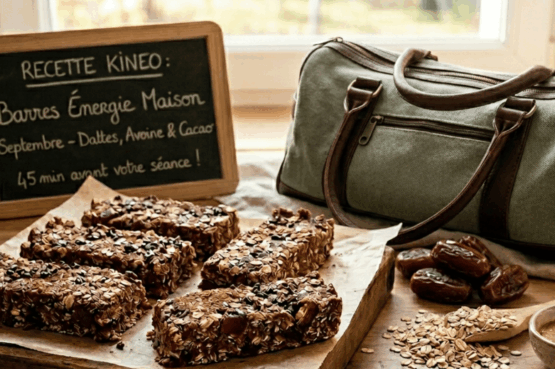 Barres énergie maison aux dattes, avoine et cacao disposées sur une planche en bois, avec ingrédients bruts, sac de sport et ardoise Recette Kineo.