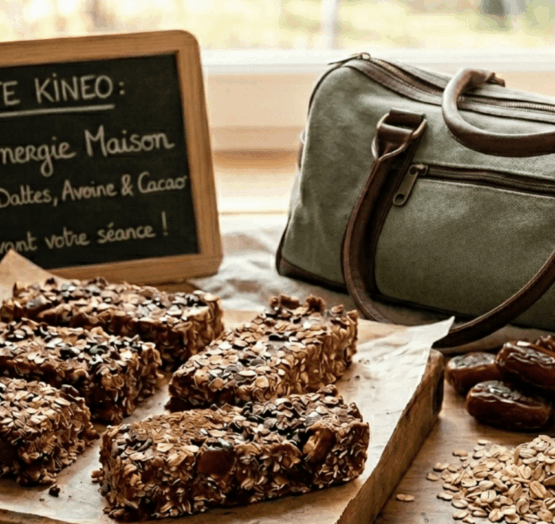 Barres énergie maison aux dattes, avoine et cacao disposées sur une planche en bois, avec ingrédients bruts, sac de sport et ardoise Recette Kineo.