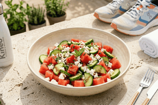 Salade hydratante de pastèque, concombre et feta servie à côté d'une gourde Kineo et de chaussures de sport, illustrant l'alimentation riche en eau pour bien s'hydrater.