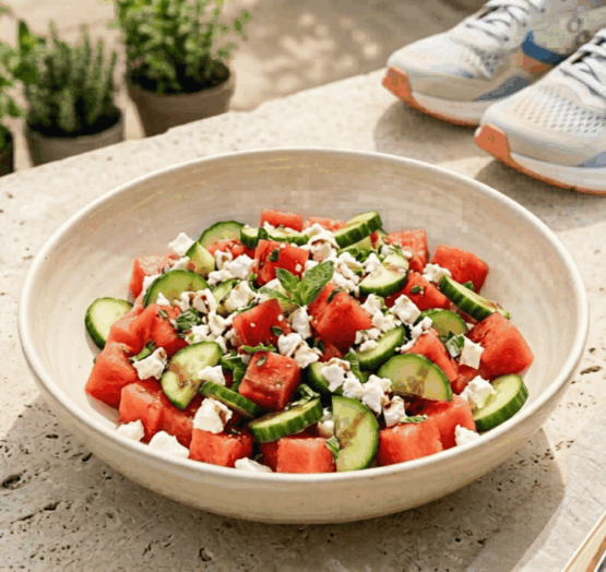 Salade hydratante de pastèque, concombre et feta servie à côté d'une gourde Kineo et de chaussures de sport, illustrant l'alimentation riche en eau pour bien s'hydrater.